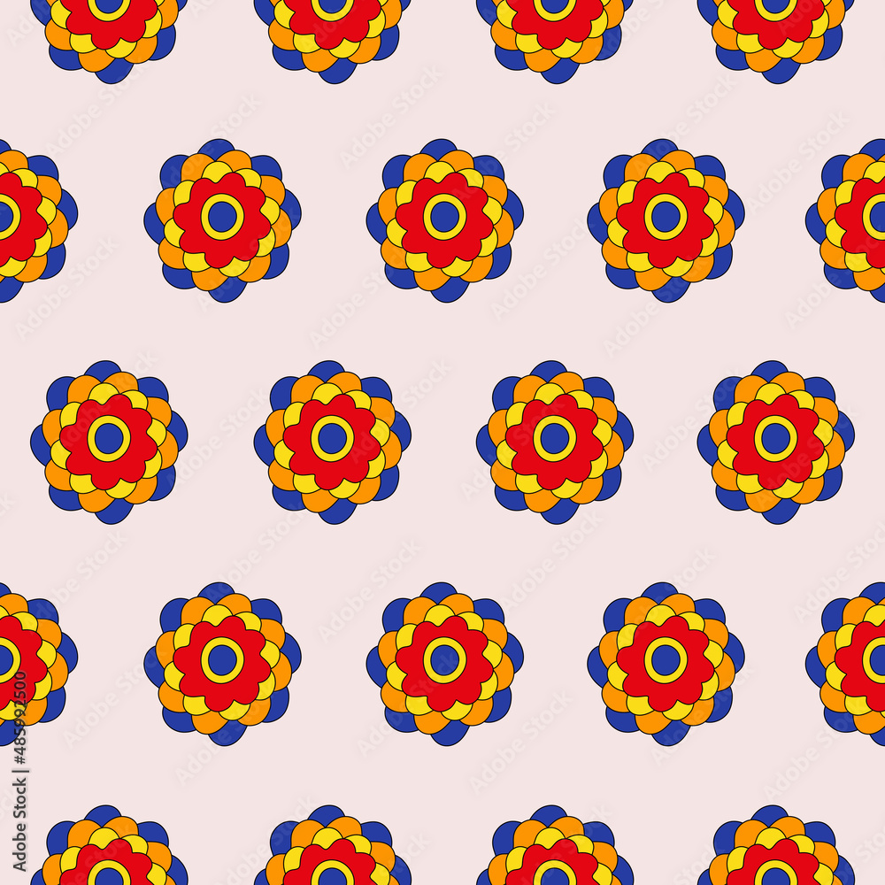 Poster retro seamless pattern of colorful hippie flowers. vintage festive groovy botanical design. trendy v