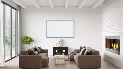 Mock up poster frame in modern interior background, living room, Scandinavian style, 3D rendering