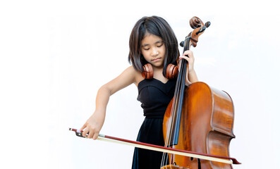 Asian kid love classical music with cello string instrument.