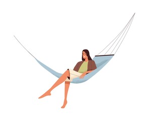 Happy woman relaxing in hammock. Young female resting, lying in comfortable hanging furniture. Carefree person at summer holidays relaxation. Flat vector illustration isolated on white background