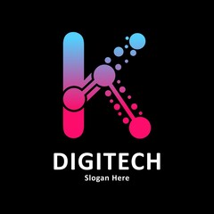 Abstract Letter k with molecule element and dots connection vector design logo. Suitable for biotechnology molecule atom DNA chip symbol, Medicine, science, technology, laboratory, electronics