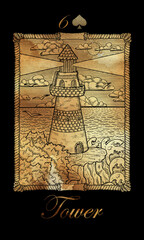 Tower.  Card from the oracle Old Marine Lenormand deck. Nautical vintage background.