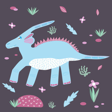 Cute blue dinosaur drawn in children's style with decorative elements. Dino parasaurus for printing on kids things. Trendy vector drawing style