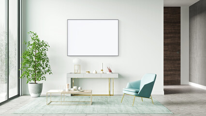 Mock up poster frame in modern interior background, living room, Scandinavian style, 3D rendering