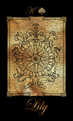 Fototapeta na wymiar Lily. Card from the oracle Old Marine Lenormand deck. Nautical vintage background.