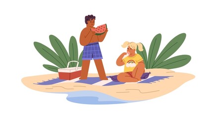 Kids eating on sand beach. Happy children with ice-cream and watermelon on summer holidays. Boy and girl relaxing with sweet food at seaside. Flat vector illustration isolated on white background