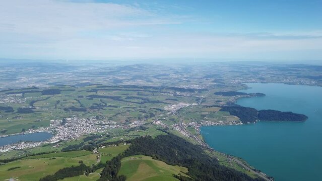 Panoramic views along hiking trail around Rigi Kulm, the highest peak on Mount Rigi over 13 lakes and peaks of the Swiss Alps. Canton of Lucerne, Central Switzerland.