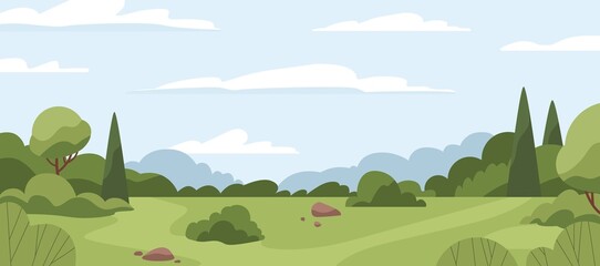 Landschaft mit grünem Gras, Bäumen, Himmelshorizont und Wolken. Ländliche Sommerlandschaft mit Grünland, Panoramablick. Ruhiges Naturpanorama. Ländliche Umgebung. Flache Vektorillustration