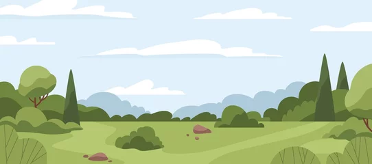 Printed kitchen splashbacks Pistache Countryside landscape with green grass, trees, sky horizon and clouds. Rural summer scenery with grassland, panoramic view. Calm nature panorama. Country environment. Flat vector illustration