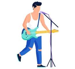 Rock musician playing on electrical guitar sings song stands near microphone cartoon isolated vector Illustration. Street guitarist in casual clothes performing in emotional pose with instrument