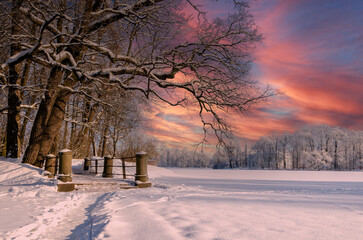 Winter Alexander Park at Sunset, Pushkin (Tsarskoye Selo), Saint Petersburg, Russia