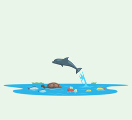 Dolphin who is jumping out of sea water of ocean in splashes against blue water with fish and turtle . Landscape of summer mood, wildlife. Clean and wild nature concept, adventure time, marine life