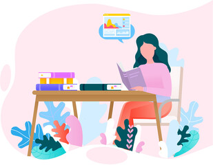 Young woman reading book, studying at home, book lovers hobby. Student resting with book, female character is fond of literature, enjoys reading, gets education