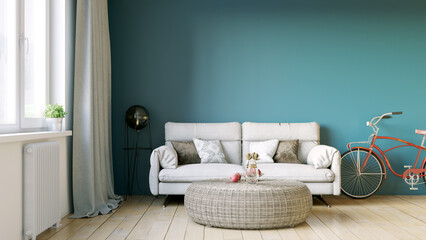 Beautiful interior of a modern room. Bright and clean design. A sofa standing by a large window against a wall background. 3D rendering