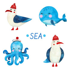 Watercolor cartoon sea set. Seagulls, boat, octopus, whale, lighthouse. Hand draw illustrations. - 485995921