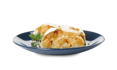 Delicious apple strudel with almonds, powdered sugar and mint on white background