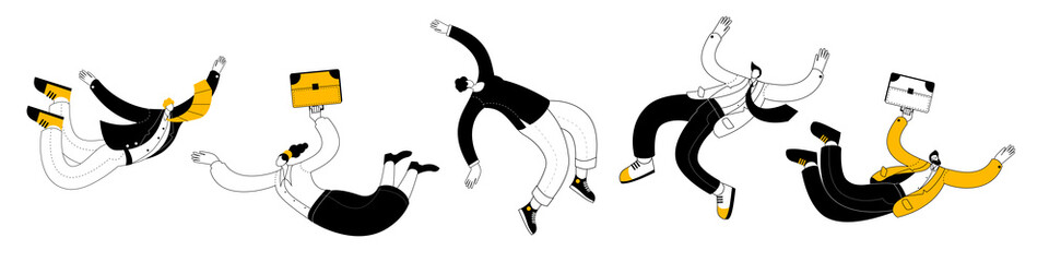Various levitating people. A set of vector flying characters in contour style. - obrazy, fototapety, plakaty