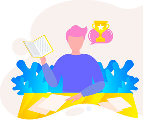 Man reading book, studying at home. Guy student is resting with book, male character is fond of literature, enjoys reading, gets education. Character is reading and resting after work, bibliophile