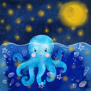 Watercolor Cartoon Octopus In A Sailor Hat And Yellow Moon. Under The Sea On A Starry Night. Hand Draw Isolated Illustrations.