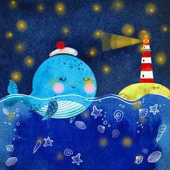 Watercolor cartoon baby whale in a sailor hat and lighthouse. Under the sea on a starry night. Hand draw isolated illustrations. - 485996965