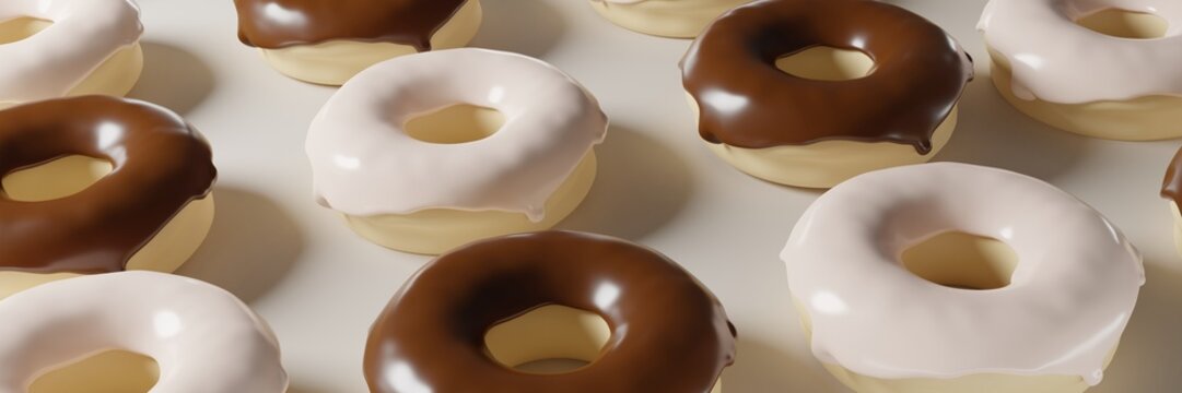 3d render of donut pattern banner with chocolate and cream glaze on an ivory background
