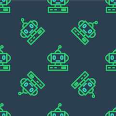 Line Robot toy icon isolated seamless pattern on blue background. Vector