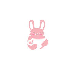 Pink bunny hugging a cup of coffee mascot logo