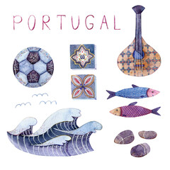 Watercolor Portugal illustrations, red wine, glass, guitar, cockerel, sardine, wave. - 485997913