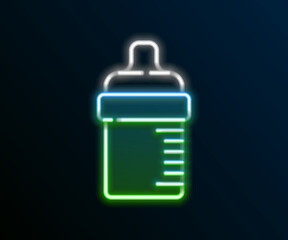 Glowing neon line Baby bottle icon isolated on black background. Feeding bottle icon. Milk bottle sign. Colorful outline concept. Vector