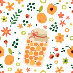 Canned vegetables in glass jars on a white background. Seamless pattern with pickled plant food. Vector flat illustration

