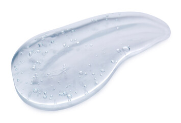 Sample of transparent shower gel on white background