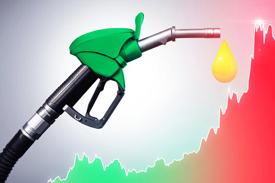 Fuel nozzle and rising chart showing gasoline price increase