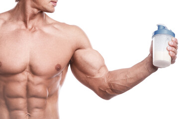 Muscular bodybuilder with a shaker full of whey protein - obrazy, fototapety, plakaty