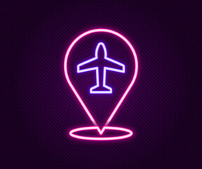 Glowing neon line Plane icon isolated on black background. Flying airplane icon. Airliner sign. Colorful outline concept. Vector