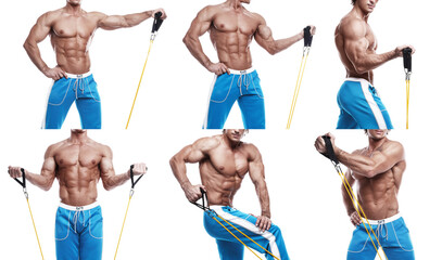 Collection of different exercises with resistance bands - obrazy, fototapety, plakaty