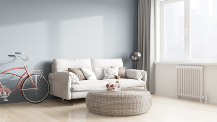 Modern beautiful interior of the room with light walls, large windows and stylish furniture. Bright design in Scandinavian style. 3D rendering