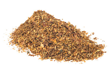Pile of dried smoking tobacco isolated on a white background. Pipe tobacco.