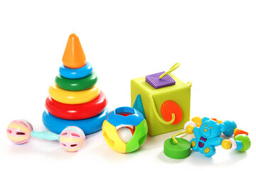 Collection of colorful plastic toys for little kids.