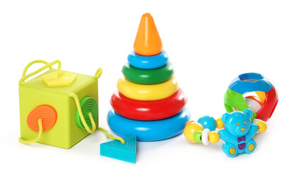 Collection of colorful plastic toys for little kids.
