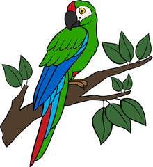 Cartoon birds. Parrot green macaw sits on the tree branch.
