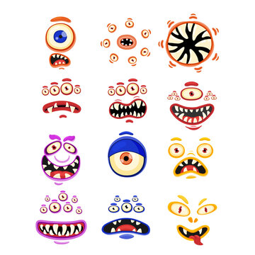 Hand drawn round Doodle monsters characters with different expressions. Cheerful face emotions. Colorful vector sticker set. Cute game assets. Illustration for kids isolated on white background