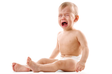 Upset little boy in diaper sitting and crying. - obrazy, fototapety, plakaty