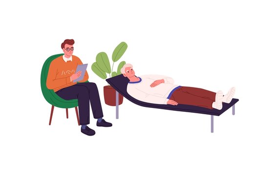 Psychotherapist and patient at psychotherapy session. Client with mental disorder lying on couch at psychiatrists office. Psychoanalysis concept. Flat vector illustration isolated on white background