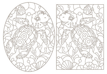 A set of contour illustrations in the style of a stained glass window with turtles on a sea day background, dark outlines on a white background