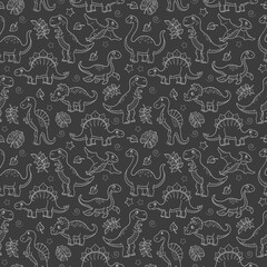 Seamless pattern with dinosaurs and leaves, light contoured animals on dark background