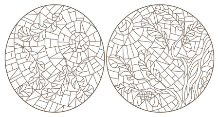 A set of contour illustrations in the style of stained glass with oak branches on a sky background, dark contours on a white background