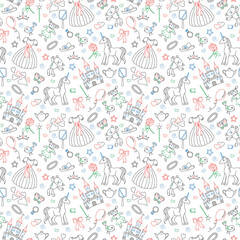 Seamless pattern on the theme of Hobbies baby girls, simple contour icons, contours are drawn with colored markers on white background