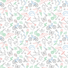 Seamless pattern on the theme of the garden , planting and growing harvest, simple colored contour icons on white background
