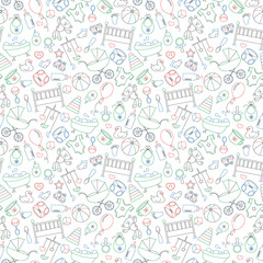 Seamless pattern on the theme of childhood and newborn babies, baby accessories and toys, simple contour icons, drawn with colored markers on white background