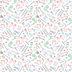 Seamless pattern with simple contour icons on the theme of spring , simple colored contour icons on white background